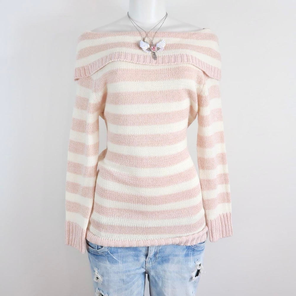 pink cream striped off shoulder knit sweater y2k coquette
